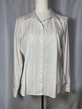 Banana Republic Non Iron Fitted Shirt Petite 14P White Pink Stripe Button Up